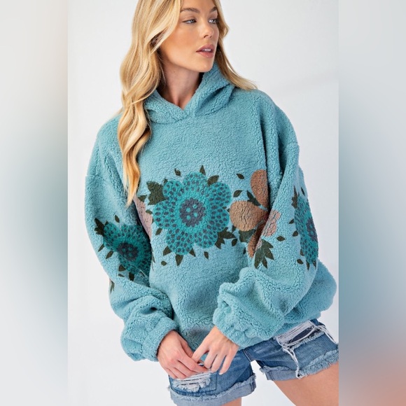 Easel printed flower floral fleece pullover Sherpa pullover pocketed hoodie - Picture 3 of 4